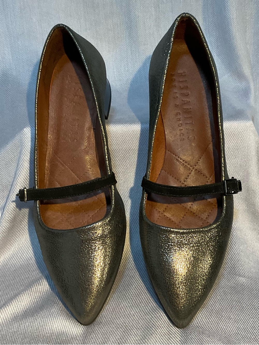 Pointed Metallic Mary Jane Pumps in Black